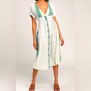 O'Neill Stripped Button Colorblock V-Neck Maxi Dress Prairie Cottage Chic Cotton